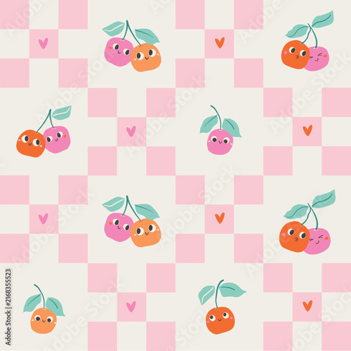 Seamless vector pattern with cute kawaii-style cherries on a checkered background.