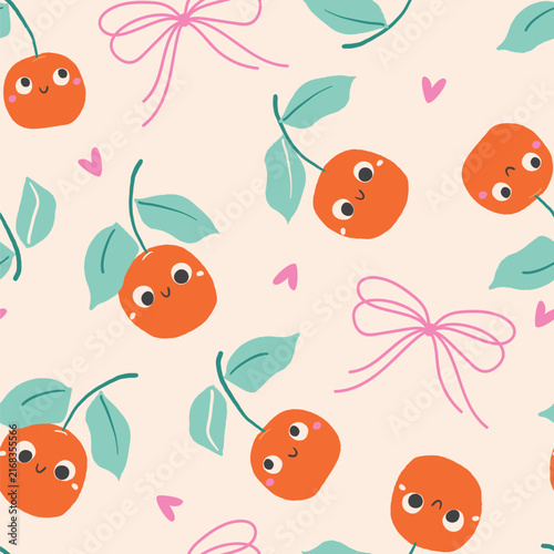 Seamless pattern of red cherries and bows on a cream background.
