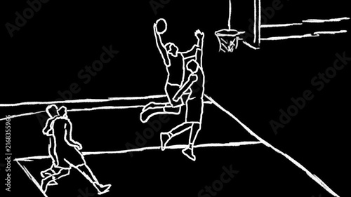 doodle line art rotoscope animation of basketball slam in 2 color choice style