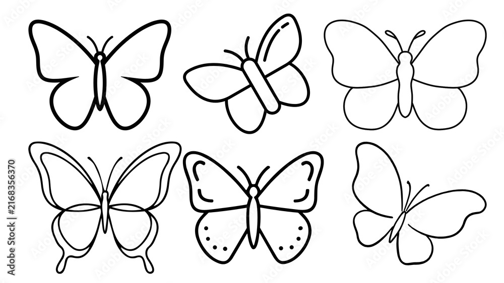 Minimalist butterfly line art collection, set of 6 black butterfly icons, simple nature insect sketches for coloring and logo design