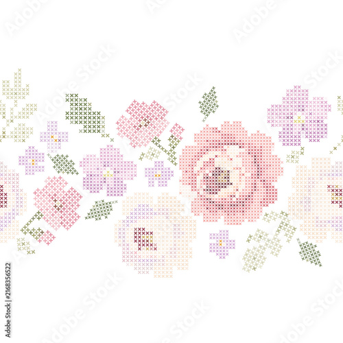 Bild auf Leinwand Cross Stitch Floral Rose Border Pattern, Vintage Embroidery Vector Design for Te