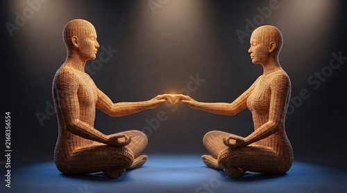 Two wicker figures meditating facing each other touching fingertips glowing energy