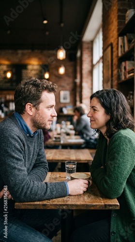 Man and woman talking intimately at rustic café table over coffee date