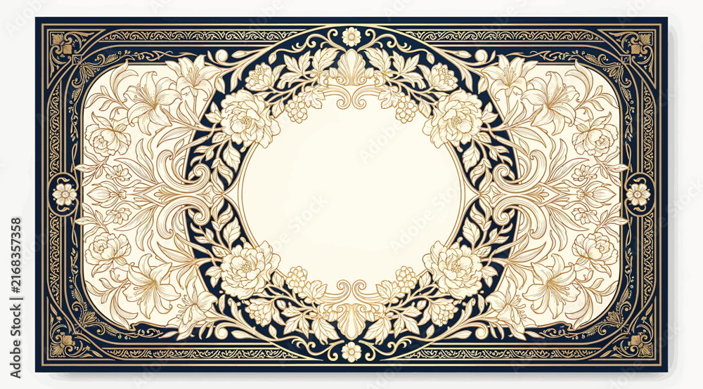Naklejka premium Art nouveau circular floral frame with intricate botanical patterns and elegant vintage scrollwork in gold and dark blue