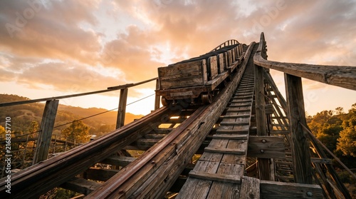 Low Angle View of a Wooden Roller Coaster Cart Climbing a Steep Hill at Sunset