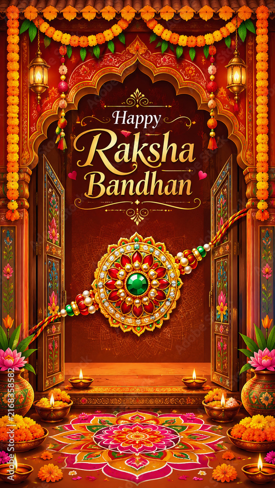 Obraz premium Raksha Bandhan Graphic Design Image – Elegant Rakhi Festival Celebration with Traditional Indian Elements