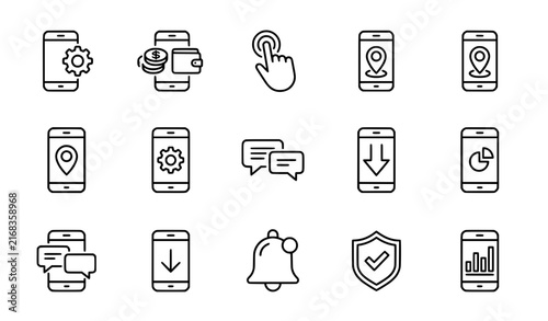 Set of mobile phone and digital technology outline icons isolated on transparent background