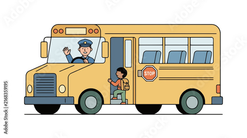 Yellow school bus vector illustration, student boarding transport with driver, educational commute vehicle icon on white background