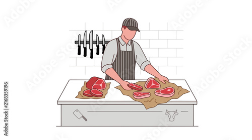 Professional butcher preparing fresh meat cuts, male chef in apron at butcher shop counter, flat vector illustration of meat processing