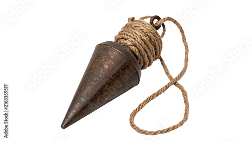 Fotografie Vintage metallic brass plumb bob tool with rope isolated on a white background