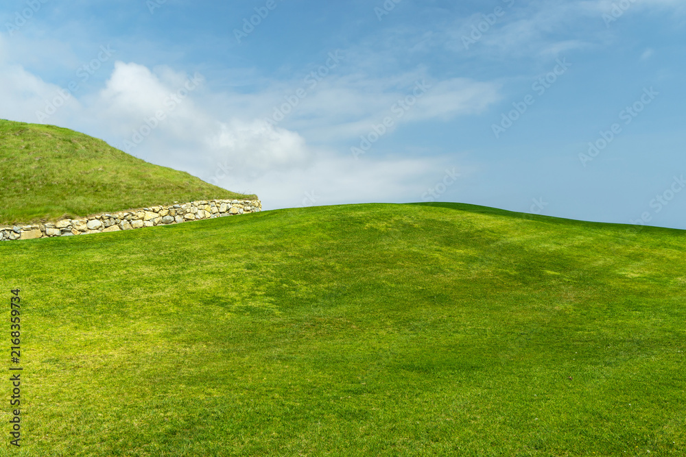 Naklejka premium Green grass hill under blue sky minimal landscape background
