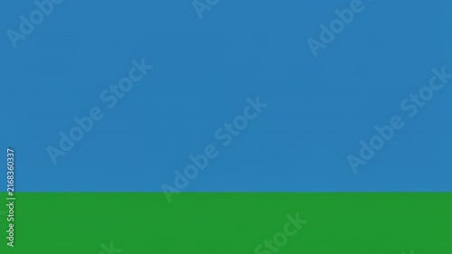 Minimalist dog animation progression across blue and green landscape with black background