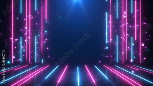 Neon light tunnel with glowing particles during a dynamic digital show
