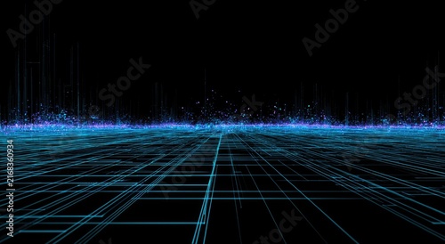 Tapety artystyczne Abstract digital grid with glowing particles and light beams on black background