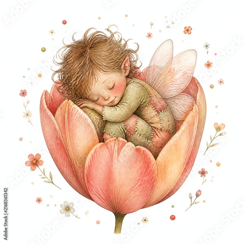 Fairy Child Sleeping Inside a Giant Tulip Flower Cup