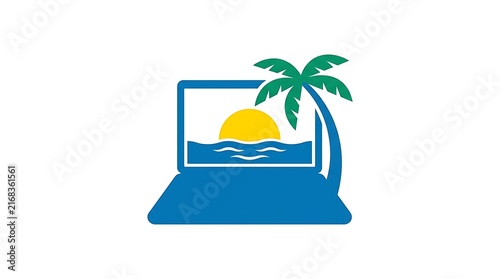 Digital laptop icon featuring a vibrant tropical sunset scene with swaying green palm trees and blue ocean waves displayed on the bright screen for remote work or travel agency concepts.