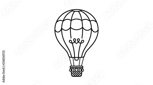 Creative hot air balloon illustrated as a glowing light bulb concept design using minimalist black line art on a white background suitable for branding icons or artistic vector graphic projects