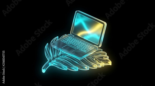 Glowing glass laptop resting atop a vibrant palm leaf captured in a minimalist digital art style with vibrant cyan and yellow neon light aesthetics on a solid dark black background.