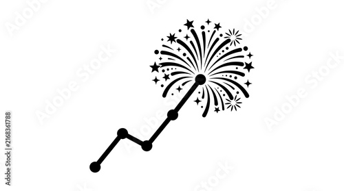 Decorative black line graph icon merging into a festive firework display with scattered stars and sparkles isolated on white background representing financial growth and successful business targets fo