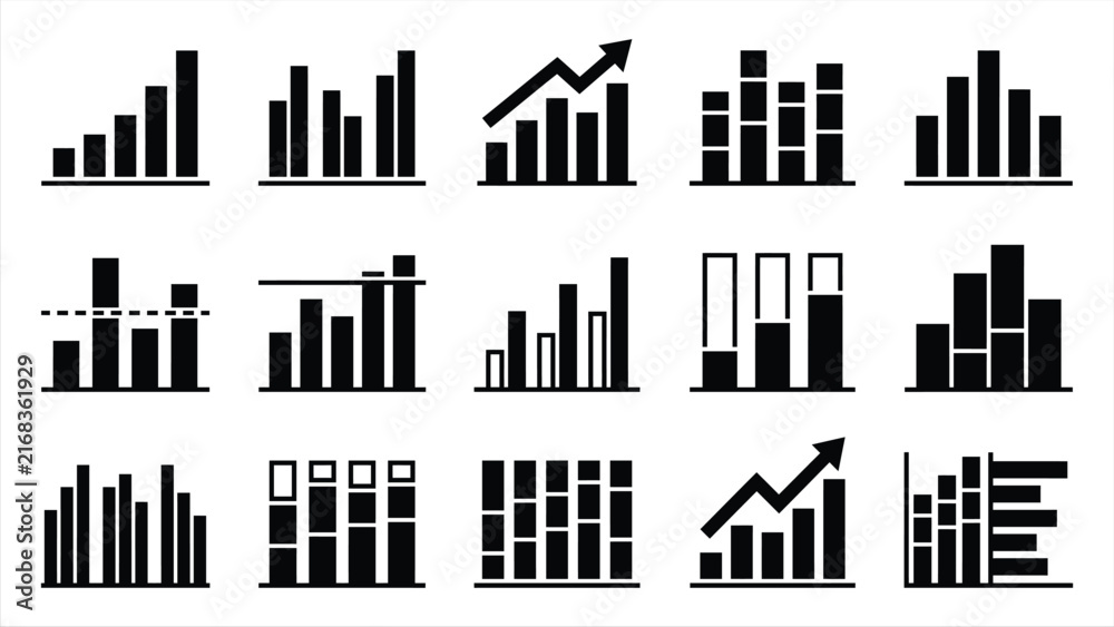 Obraz premium A collection of various black and white business icons representing different types of bar graphs and data charts