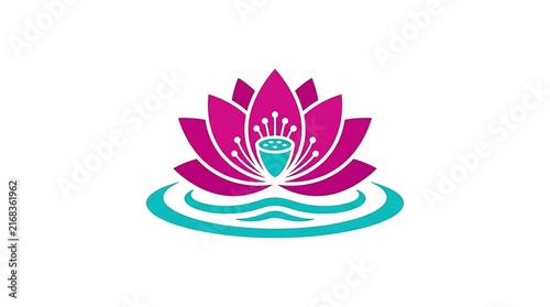 Vibrant magenta lotus flower icon featuring stylized teal water ripples and clean minimalist vector lines creates a professional graphic design element perfect for branding wellness yoga studios or sp