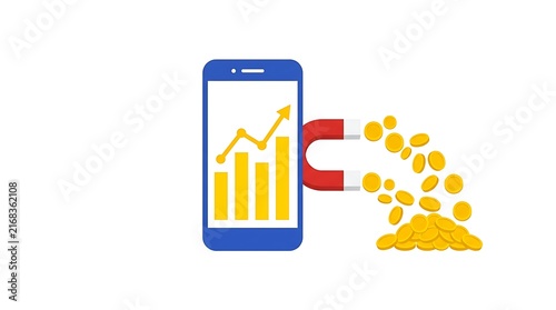Blue smartphone showing financial growth charts with a large red magnet attracting falling golden coins isolated against a clean white background representing successful digital marketing and profitab