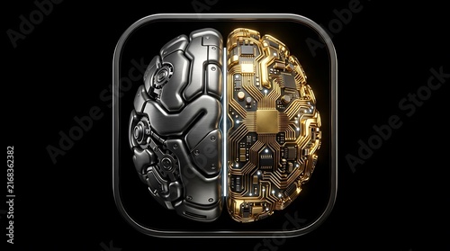 Robotic brain icon featuring mechanical steel components merged seamlessly with golden electronic circuits set inside a dark rounded square frame isolated on black background for modern artificial int