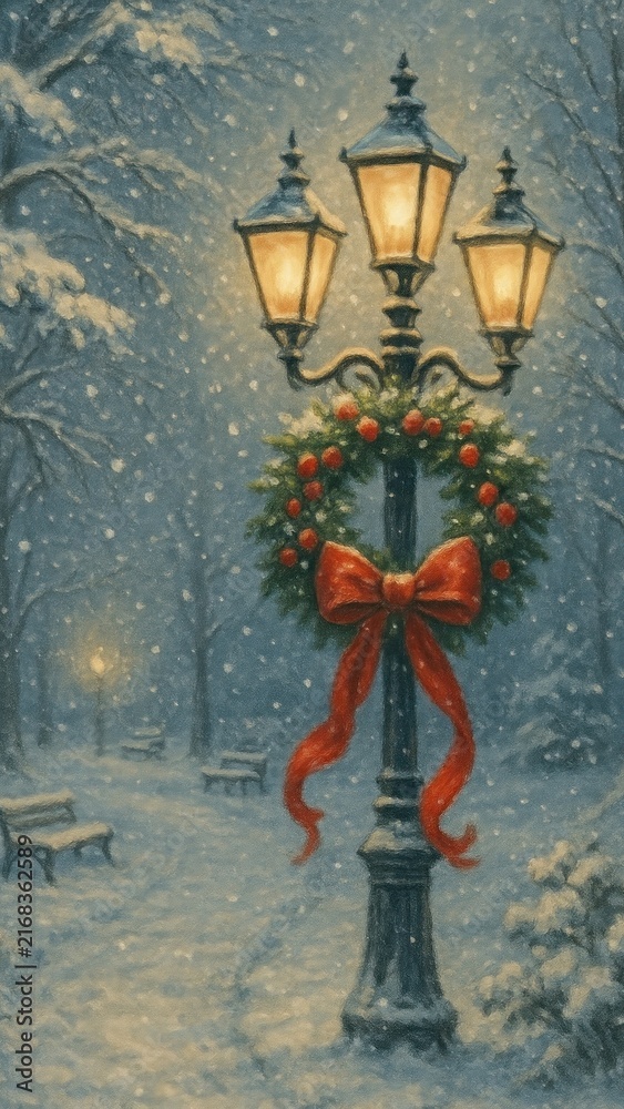 Fototapeta premium Winter lamppost festive scene.