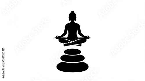 Buddha silhouette meditating in a perfect lotus position while floating serenely above a stable stack of smooth black river stones against a clean white background for spiritual wellness design projec