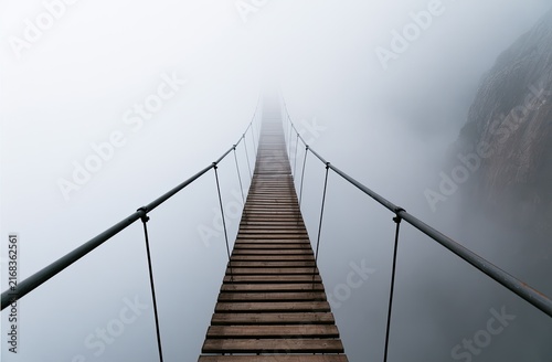 Narrow suspension bridge disappears into thick, ethereal fog