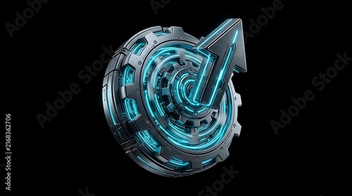Metallic gear mechanism featuring glowing blue neon circuits and a sharp upward pointing arrow isolated on a solid black background creating a futuristic concept of technological progress and industri
