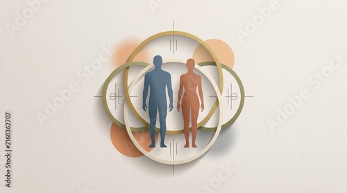 Abstract Minimalist Illustration of Male and Female Silhouettes with Geometric Intersecting Circles