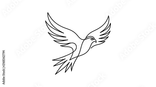 Eagle flying high represented by elegant continuous black line drawing on white background created with minimalist aesthetic style featuring sharp wingspan details and fluid movement perfect for moder