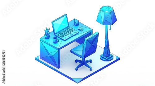 Modern isometric workspace featuring a stylish desk with laptop chair and glowing floor lamp rendered in vibrant blue geometric low poly style on a clean white isolated studio background surface