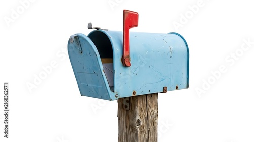 Old light blue metal mailbox with a red flag standing on a wooden post for receiving letters and mail delivery