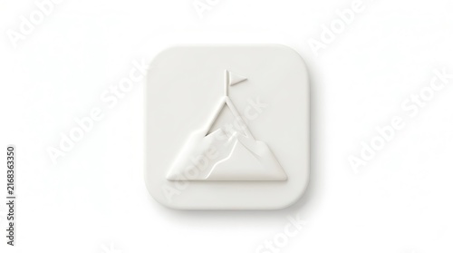 Minimalist mountain icon featuring a single flag planted on the peak isolated against a soft white background created with clean 3d render techniques for professional interface design and web developm