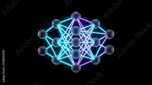 Neural network diagram featuring glowing cyan and purple neon connection lines between dark spheres arranged in a complex geometric pattern against a deep black background representing modern artifici