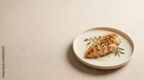 Minimalist Flat Lay of Sliced Grilled Chicken Breast with Herbs and Copy Space