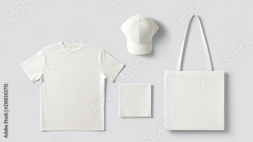 Blank white t-shirt, baseball cap, tote bag, and small square