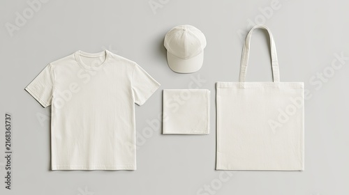 A blank white t-shirt, baseball cap, tote bag, and square fabric are arranged on a gray background