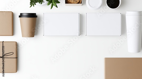 Top-down view of brown paper parcels, coffee cups, and white boxes