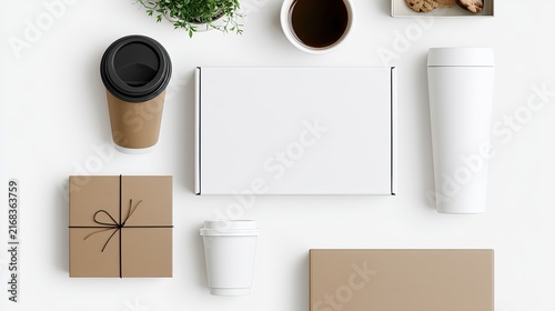 Flat lay of brown paper packages, white boxes, and coffee cups