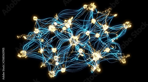 Glowing blue fiber optic threads connect bright golden particle clusters in a complex digital web design isolated on deep black background showcasing advanced connectivity and intricate information fl