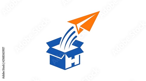 Orange paper airplane flying out of a blue open shipping carton box represented as a simple modern minimalist vector logo design for logistics express delivery and fast business shipping services.