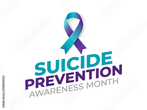 Suicide prevention awareness month is represented by a teal and purple ribbon on a white background inspiring feelings of hope and support for