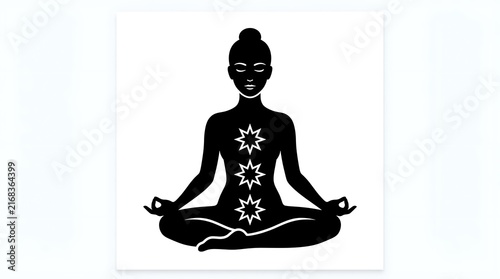 Black silhouette of a person sitting in a lotus position for deep meditation with three bright white star symbols on the chest area isolated on a clean white background design.