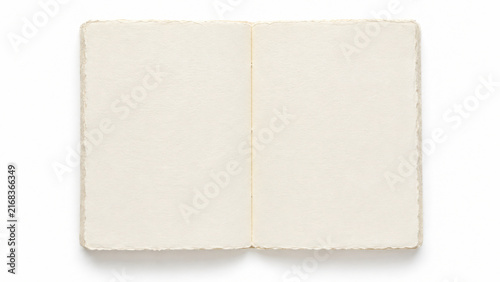 Картината върху платно Open blank notebook with textured cream pages and beige linen cover on a transpa