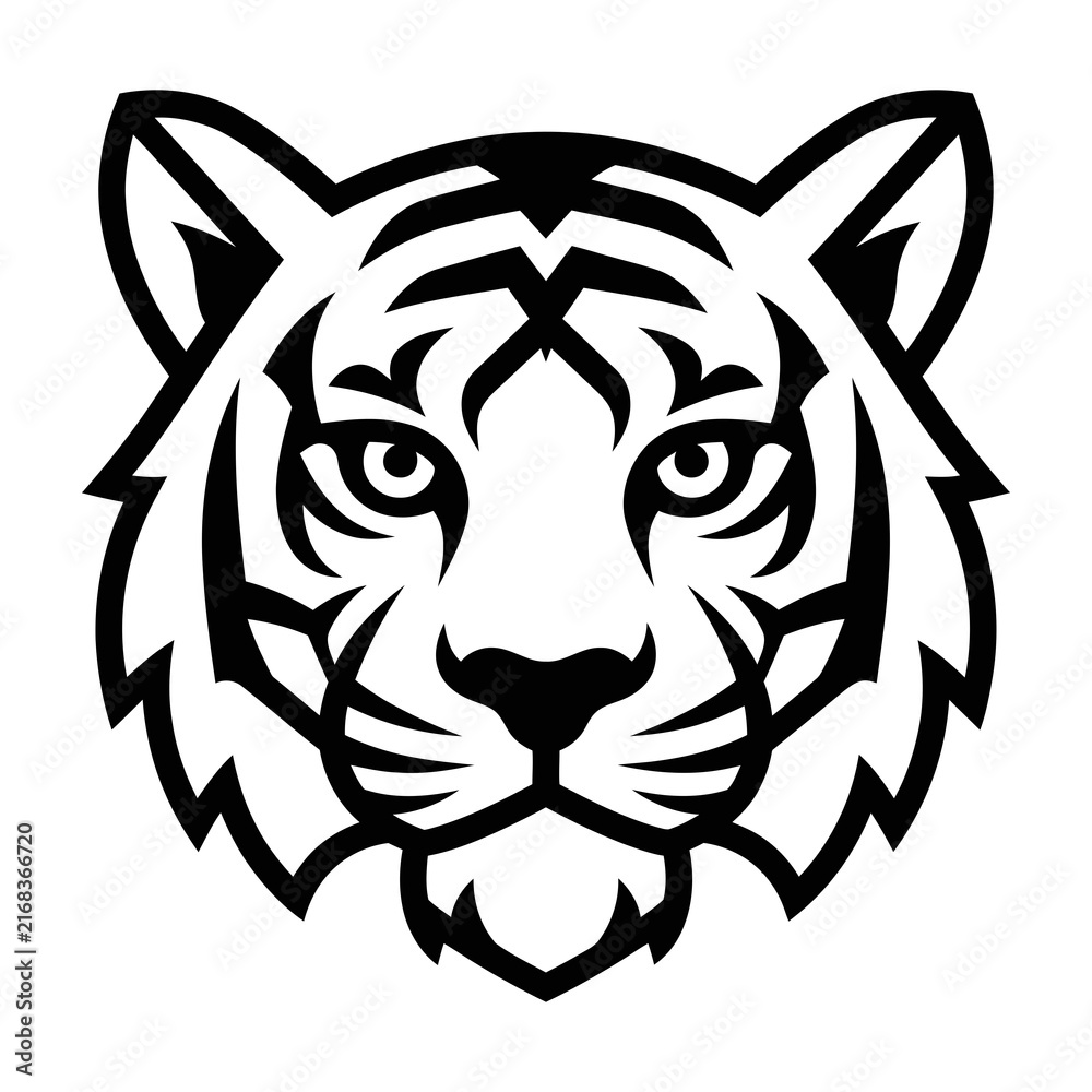 Fototapeta premium Tribal Tiger Head Logo Design, Black And White Vector Art For Mascot Emblem