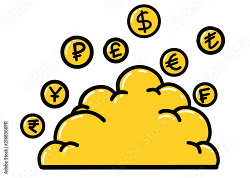 Gold soap bubbles surrounding world currency coins
