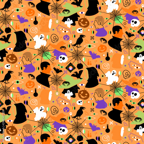Halloween seamless pattern with ghost, pumpkin, raven, spider web, skull, witch hat, and spooky symbols for fabric, wrapping paper, wallpaper, apparel, stationery, and seasonal decoration. Orange back
